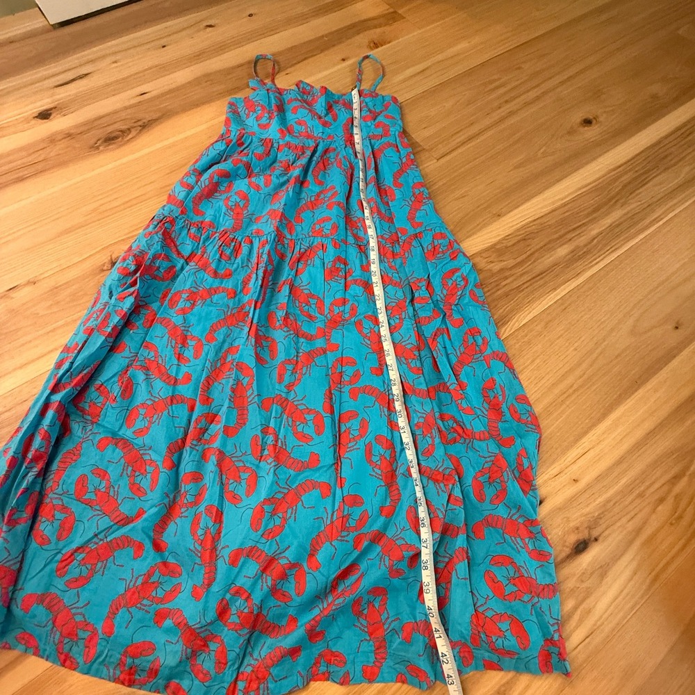 J. Crew Sun Dress Womens 10 Blue Red Lobster Print Bow Back Midi Maxi Coastal - Picture 3 of 13
